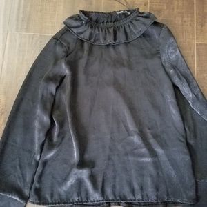 ZARA BLACK Shiny Ruffle Neck Blouse Size S